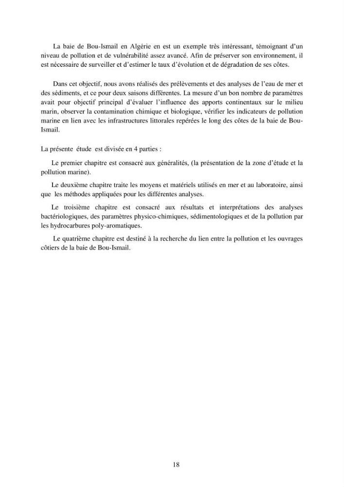 Suivi des pramètres de pollution des eau littorles de de la Baie de Bou-Ismail et impact des aménagemnts coties