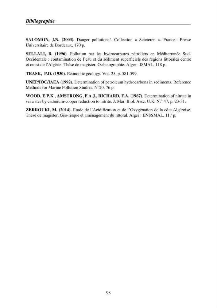 Suivi des pramètres de pollution des eau littorles de de la Baie de Bou-Ismail et impact des aménagemnts coties