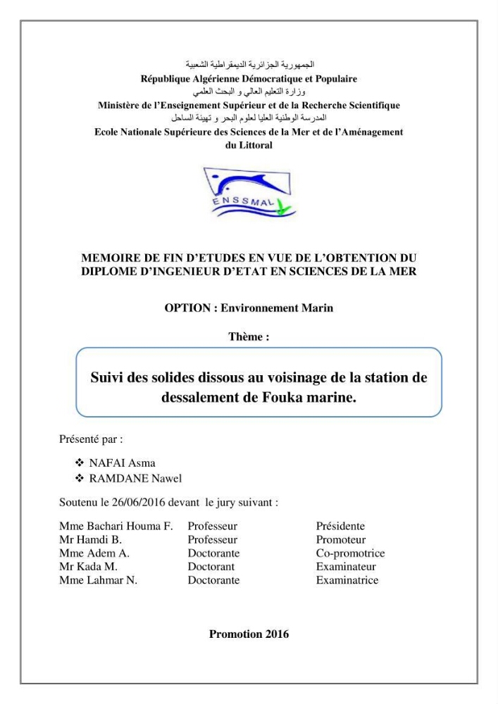 Suivi des solides dissous au voisinage de la station de dessalement de Fouka marine: