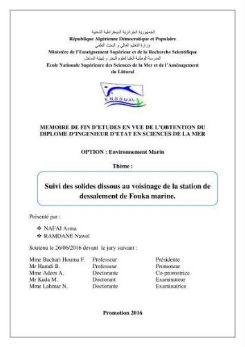 Suivi des solides dissous au voisinage de la station de dessalement de Fouka marine: Suivi des solides dissous au voisinage de la station de dessalement de Fouka marine:
