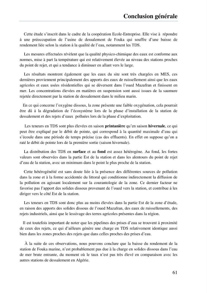 Suivi des solides dissous au voisinage de la station de dessalement de Fouka marine:
