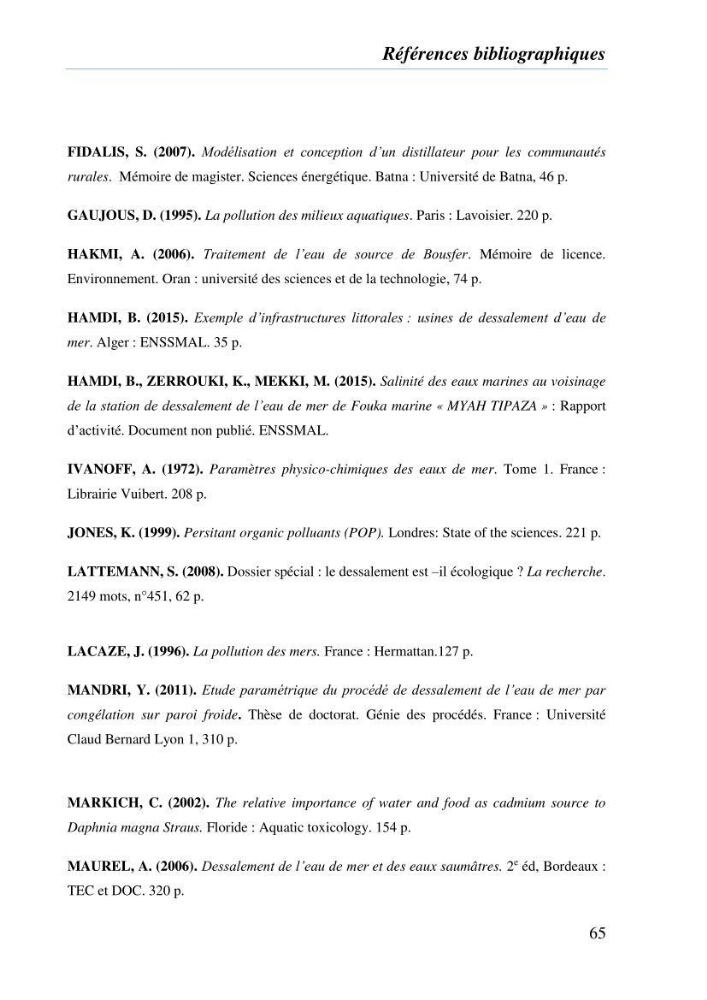 Suivi des solides dissous au voisinage de la station de dessalement de Fouka marine: