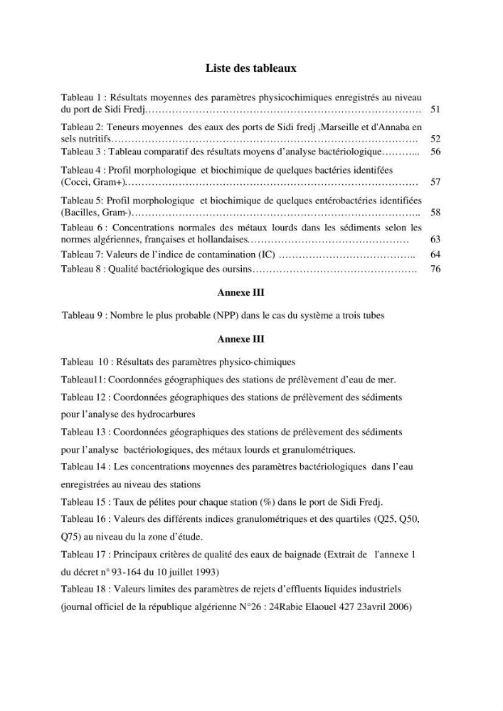 Etude des caractéristiques physiochimiques et bactériologiques des eaux de mer et des sédiments dans le port de plaisance de \"Sidi Fredj\", en vue d\'une immersion