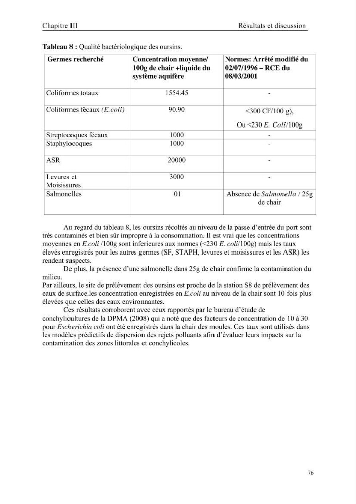 Etude des caractéristiques physiochimiques et bactériologiques des eaux de mer et des sédiments dans le port de plaisance de \"Sidi Fredj\", en vue d\'une immersion