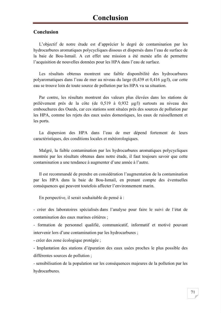Etat de la pollution par les hydrocarbures aromatiques polycycliques dans les eaux de la baie de Bou-Ismail:
