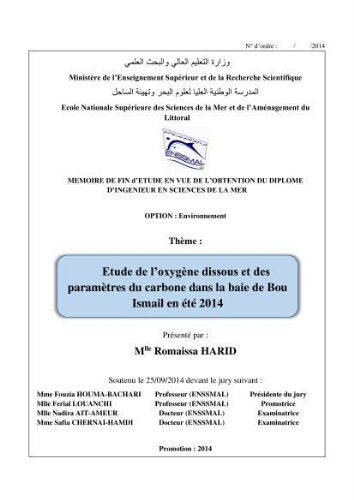 Etude de l'oxygène dissous et des paramètres du carbone dans la baie de Bou-Ismail en été 2014: Etude de l'oxygène dissous et des paramètres du carbone dans la baie de Bou-Ismail en été 2014: