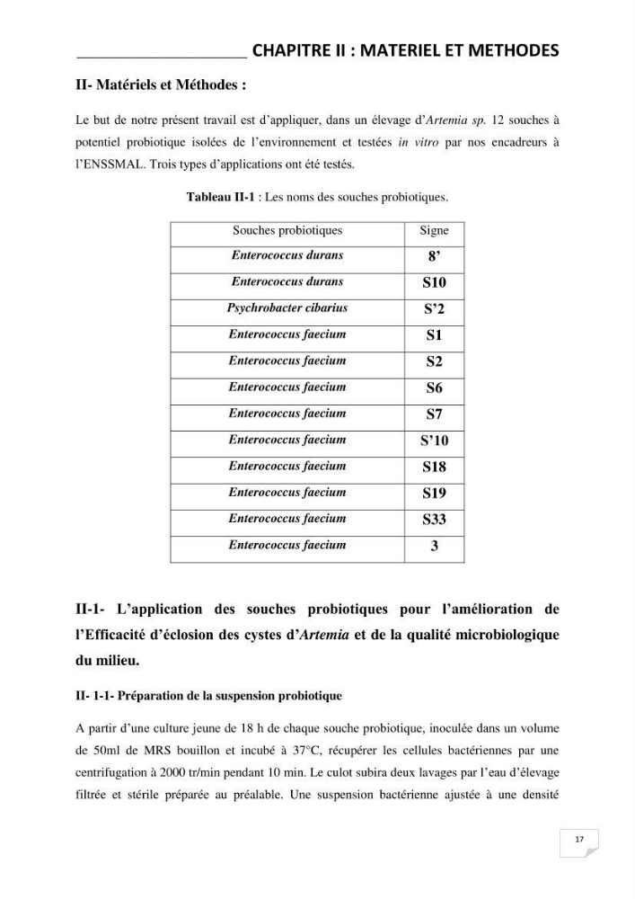 Application de bactéries à fort potentiel probiotique dans un élevage d’Artémia. sp