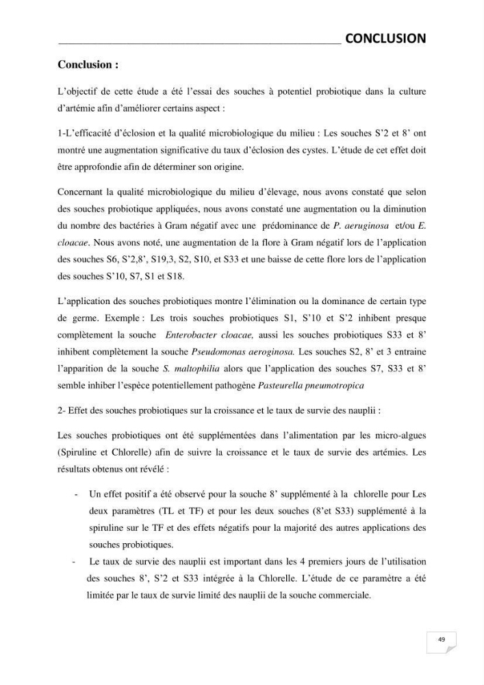 Application de bactéries à fort potentiel probiotique dans un élevage d’Artémia. sp