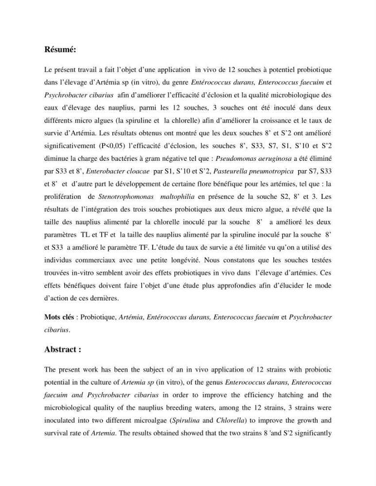 Application de bactéries à fort potentiel probiotique dans un élevage d’Artémia. sp