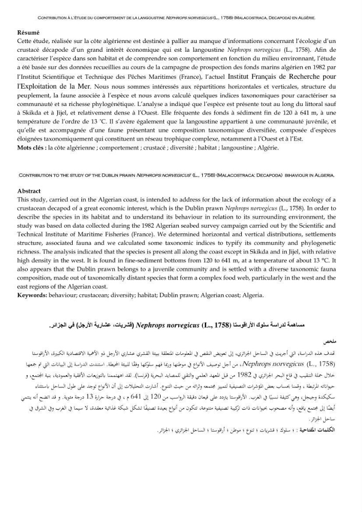 Contribution à l’étude du comportement de la langoustine Nephrops norvegicus (L., 1758) (Malacostraca, Decapoda) en Algérie.: