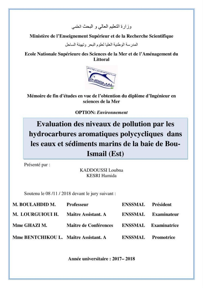 Evaluation des niveaux de pollution par les hydrocarbures aromatiques polycycliques dans les eaux et sédiments marins de la baie de Bou- Ismail (Est)