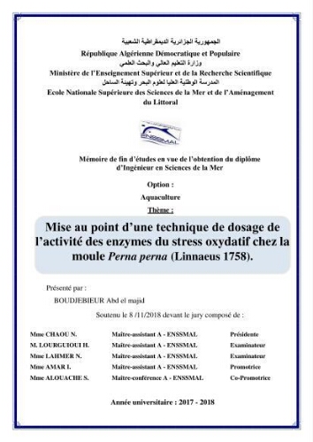 Mise au point d'une technique de dosage de l'activité des enzymes du stress oxydatif chez la moule Perna Perna (Linnaeus 1758 .: Mise au point d'une technique de dosage de l'activité des enzymes du stress oxydatif chez la moule Perna Perna (Linnaeus 1758 .: