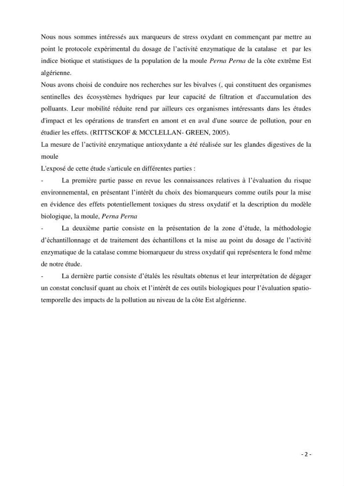 Mise au point d\'une technique de dosage de l\'activité des enzymes du stress oxydatif chez la moule Perna Perna (Linnaeus 1758 .:
