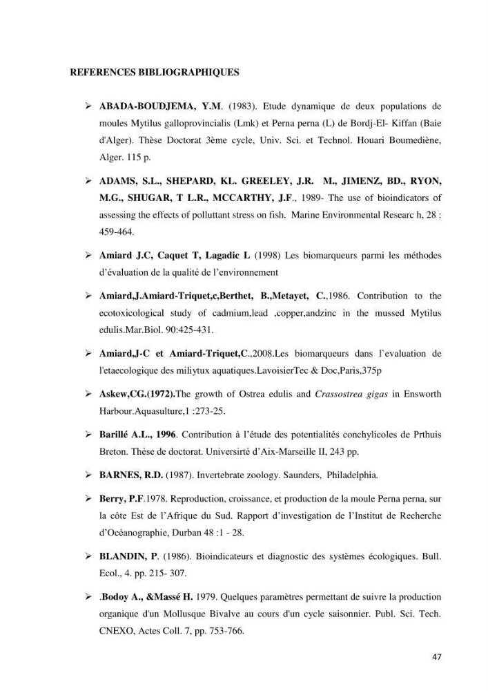 Mise au point d\'une technique de dosage de l\'activité des enzymes du stress oxydatif chez la moule Perna Perna (Linnaeus 1758 .: