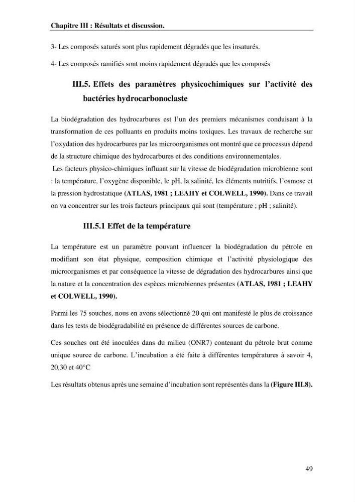 Les effets des paramètres physicochimiques sur l\'activité des bactéries marines hydrocarbonoclastes