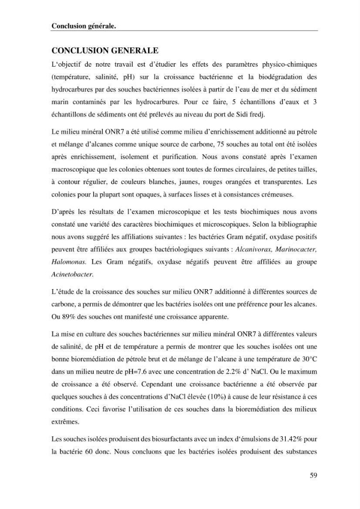 Les effets des paramètres physicochimiques sur l\'activité des bactéries marines hydrocarbonoclastes