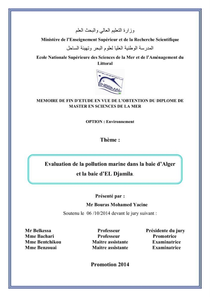 Evaluation de la pollution marine dans la baie d\'Alger et la baie d\'El Djamila: