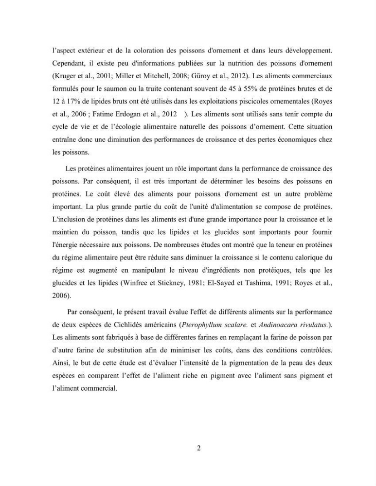 Suivi zootechnique de l’efficacité de six aliments fabriqués localement sur la croissance et la pigmentation des Cichlidés américains cas de Pterophyllum scalare. et Andinoacara rivulatus.: