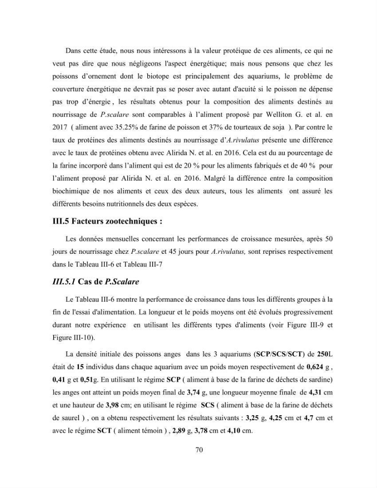Suivi zootechnique de l’efficacité de six aliments fabriqués localement sur la croissance et la pigmentation des Cichlidés américains cas de Pterophyllum scalare. et Andinoacara rivulatus.: