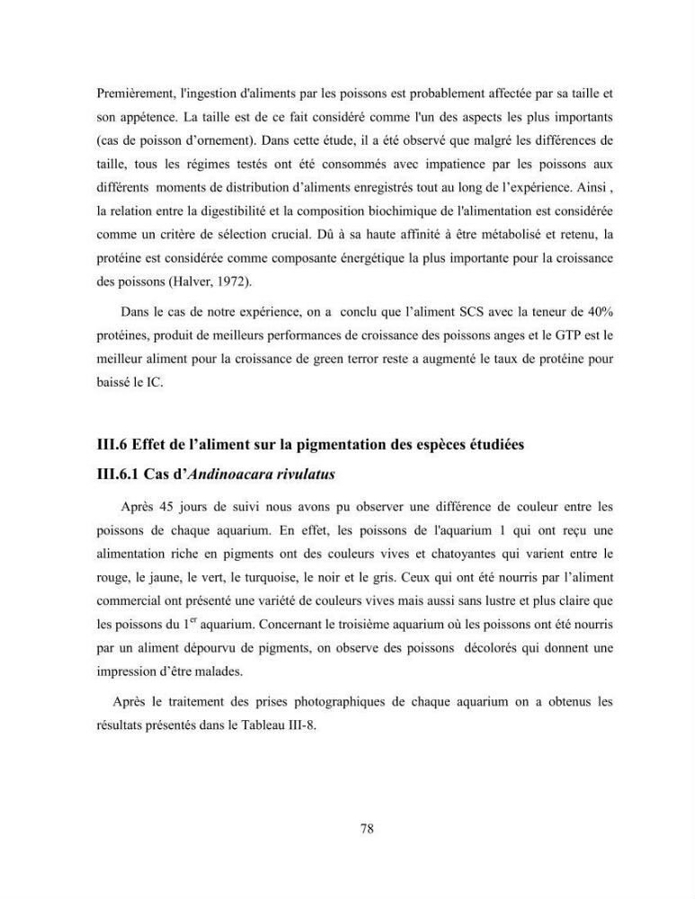 Suivi zootechnique de l’efficacité de six aliments fabriqués localement sur la croissance et la pigmentation des Cichlidés américains cas de Pterophyllum scalare. et Andinoacara rivulatus.: