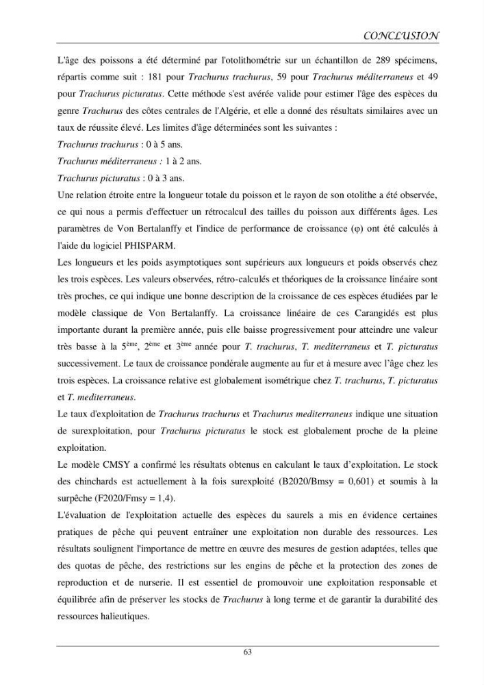 Contribution à l’étude de l’âge, de la croissance et de l’exploitation des espèces du genre Trachurus (Téléostéens, Carangidae) de la région centre du littoral algérien
