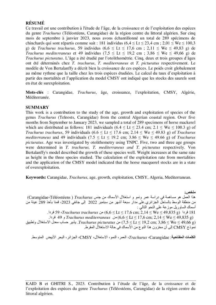Contribution à l’étude de l’âge, de la croissance et de l’exploitation des espèces du genre Trachurus (Téléostéens, Carangidae) de la région centre du littoral algérien