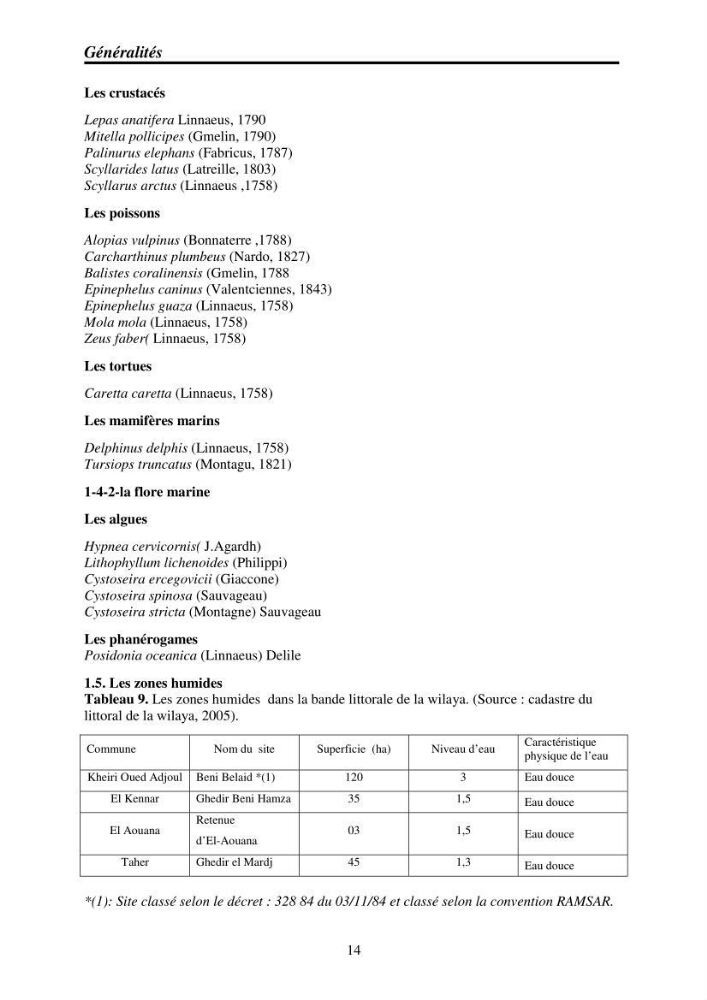 Mise en place de réseaux de surveillance environnementaux de la zone marine côtière de Taza ( wilaya de Jijel):