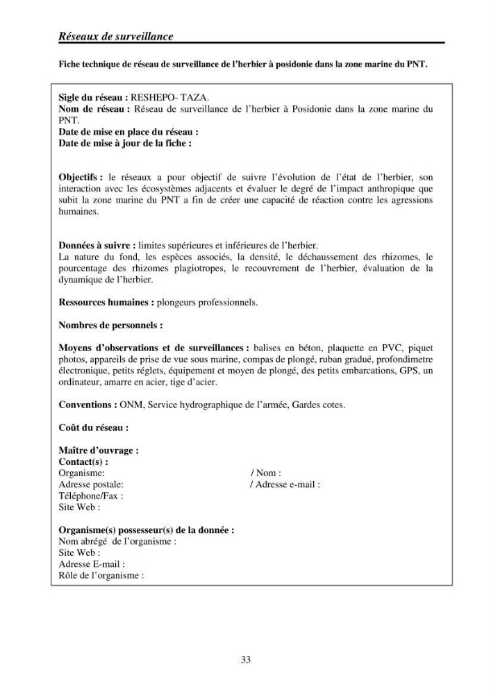 Mise en place de réseaux de surveillance environnementaux de la zone marine côtière de Taza ( wilaya de Jijel):