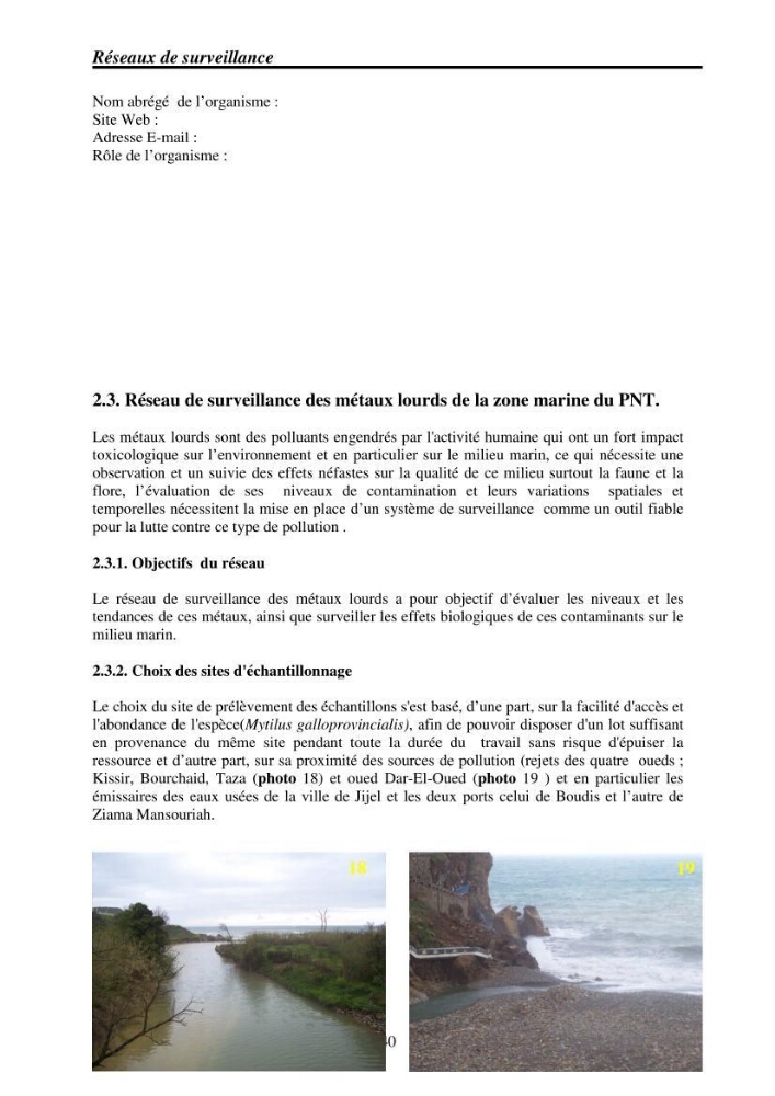 Mise en place de réseaux de surveillance environnementaux de la zone marine côtière de Taza ( wilaya de Jijel):