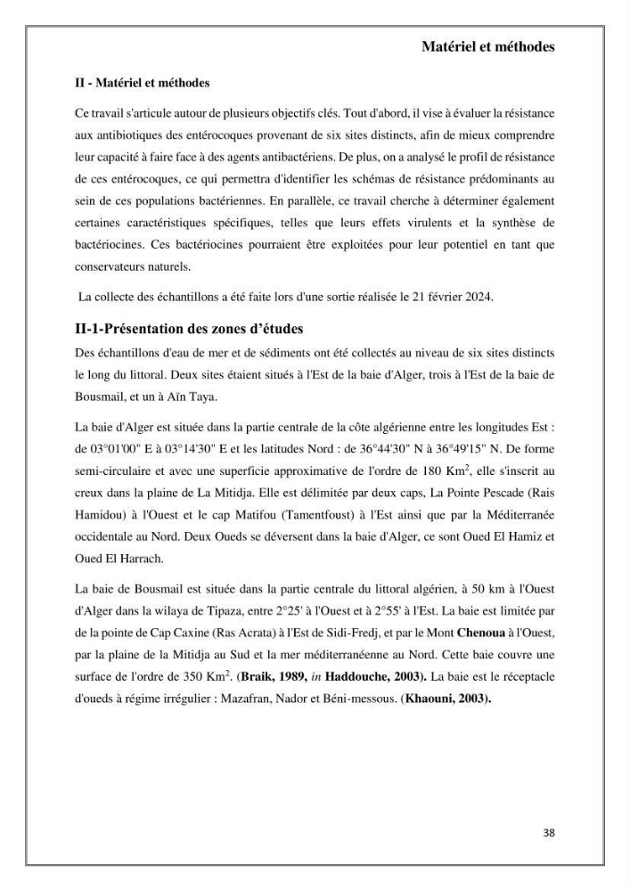 Caractérisation et évaluation de la virulence et de la résistance aux antibiotiques chez les entérocoques isolés dans le milieu marin