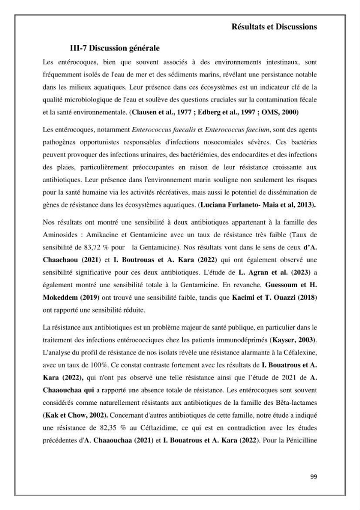 Caractérisation et évaluation de la virulence et de la résistance aux antibiotiques chez les entérocoques isolés dans le milieu marin