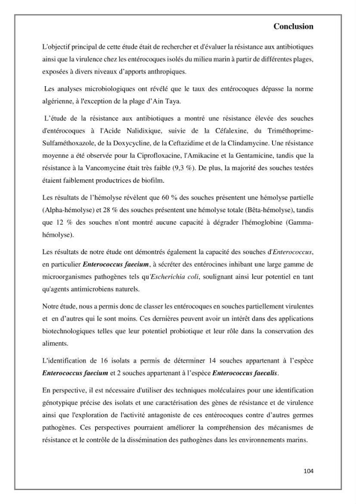 Caractérisation et évaluation de la virulence et de la résistance aux antibiotiques chez les entérocoques isolés dans le milieu marin