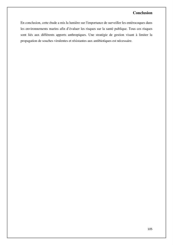 Caractérisation et évaluation de la virulence et de la résistance aux antibiotiques chez les entérocoques isolés dans le milieu marin