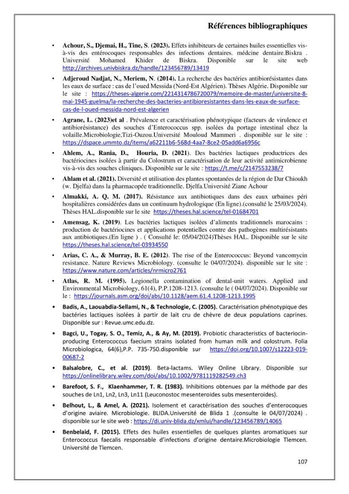 Caractérisation et évaluation de la virulence et de la résistance aux antibiotiques chez les entérocoques isolés dans le milieu marin