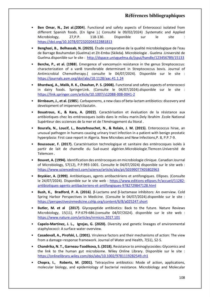 Caractérisation et évaluation de la virulence et de la résistance aux antibiotiques chez les entérocoques isolés dans le milieu marin