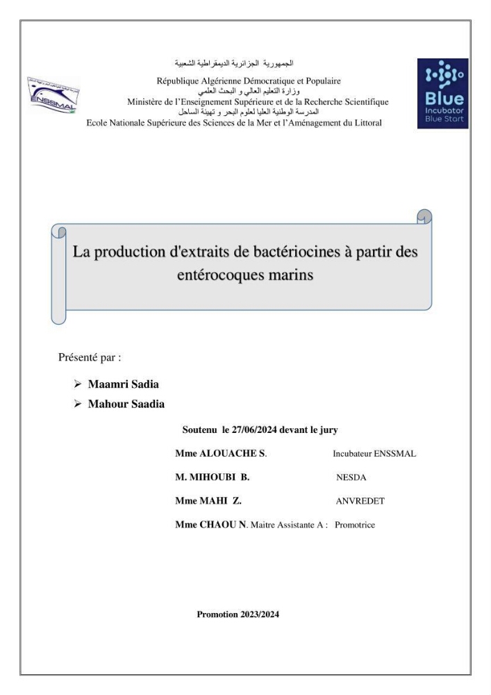 Caractérisation et évaluation de la virulence et de la résistance aux antibiotiques chez les entérocoques isolés dans le milieu marin