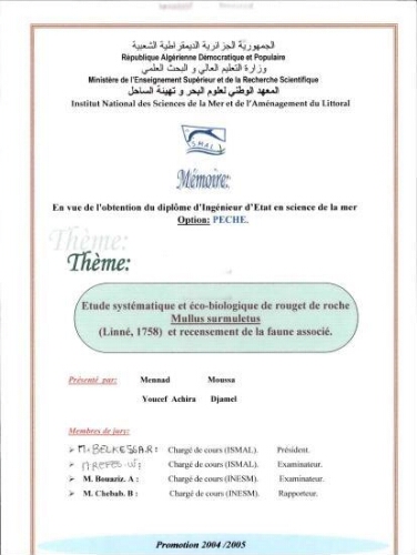 Etude systématique et éco-biologique de rouget de roche Mullus surmuletus (Linné, 1758) et recensement de la faune associé Etude systématique et éco-biologique de rouget de roche Mullus surmuletus (Linné, 1758) et recensement de la faune associé