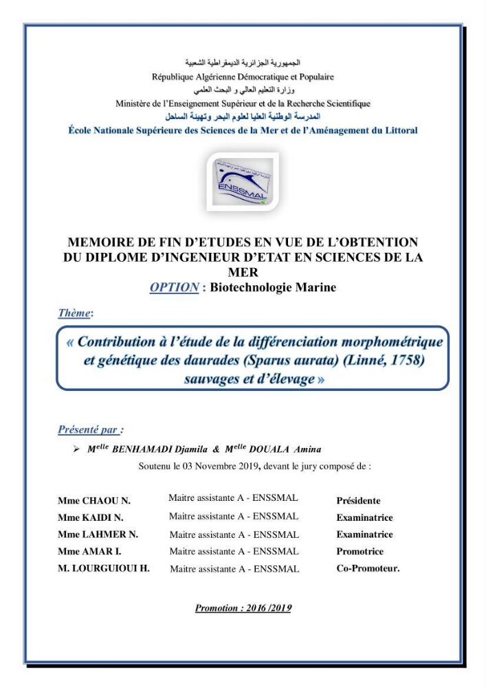 Contribution à l\'étude de la déférienciation morphométrique et génétique des daurades ( Sparus aurata) (linné 1758) sauvages et d\'élevage