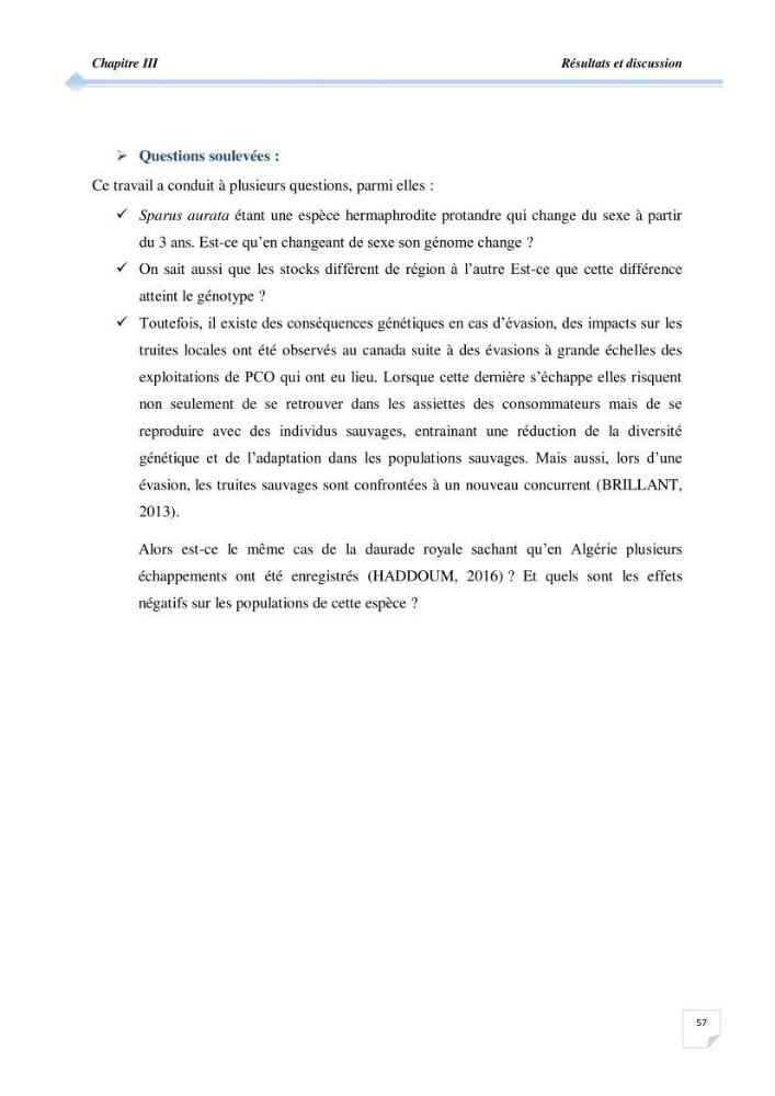 Contribution à l\'étude de la déférienciation morphométrique et génétique des daurades ( Sparus aurata) (linné 1758) sauvages et d\'élevage