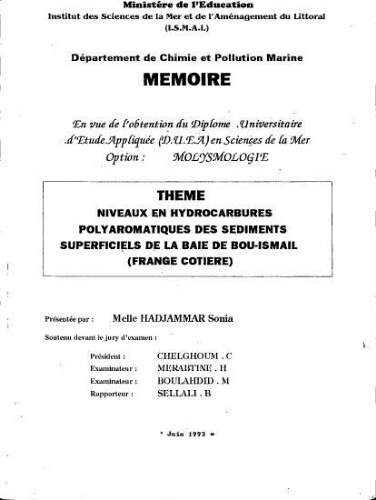 Niveaux en hydrocarbures polyaromatiques des sédiments superficiels de la baie de Bou Ismaïl (Frange cotière) Niveaux en hydrocarbures polyaromatiques des sédiments superficiels de la baie de Bou Ismaïl (Frange cotière)