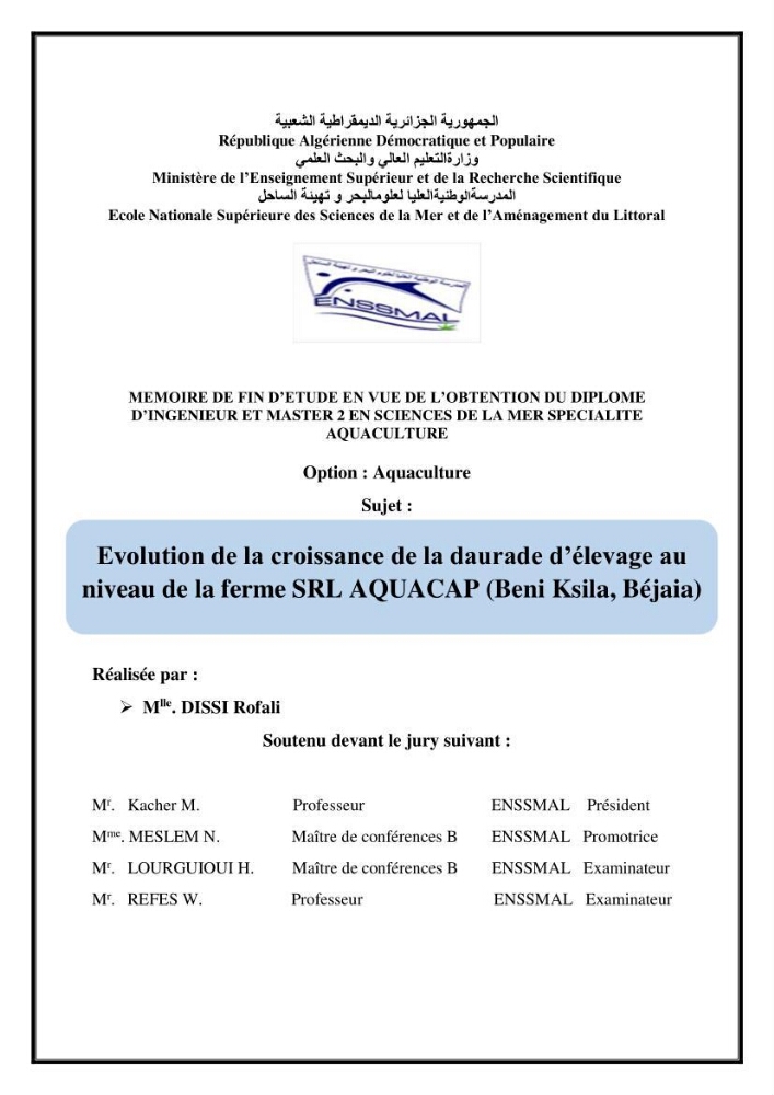 Evolution de la croissance de la daurade d’élevage au niveau de la ferme SRL AQUACAP (Beni Ksila, Béjaia)