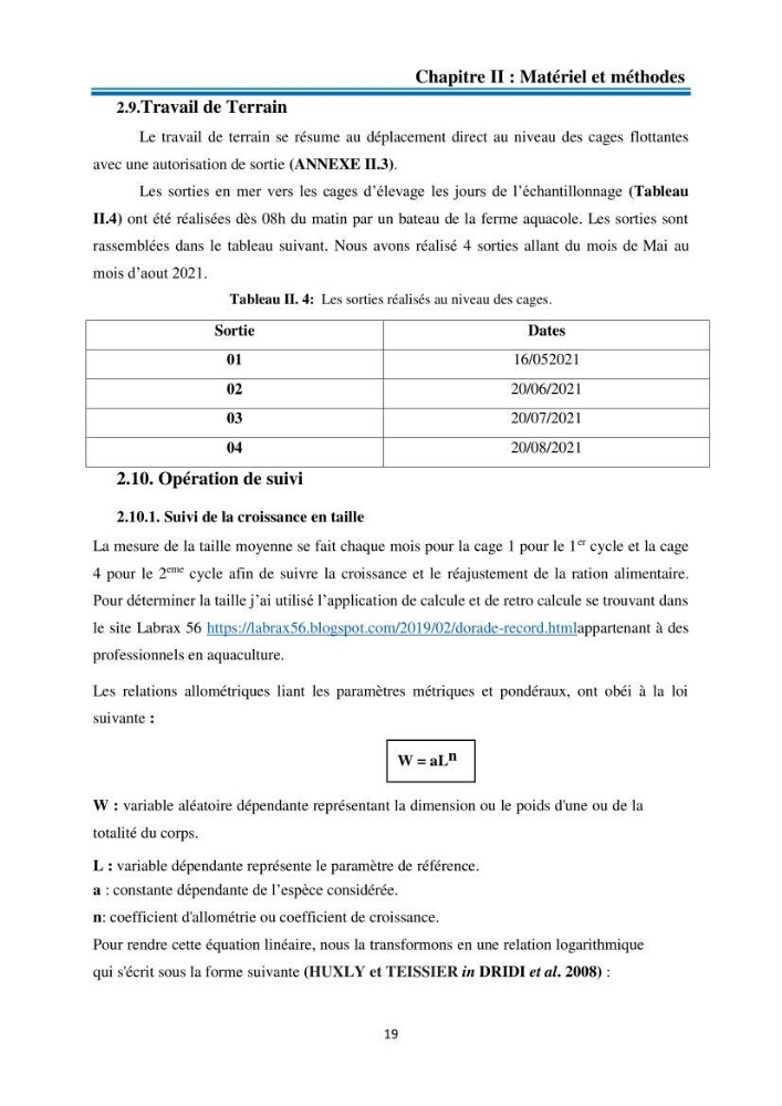 Evolution de la croissance de la daurade d’élevage au niveau de la ferme SRL AQUACAP (Beni Ksila, Béjaia)