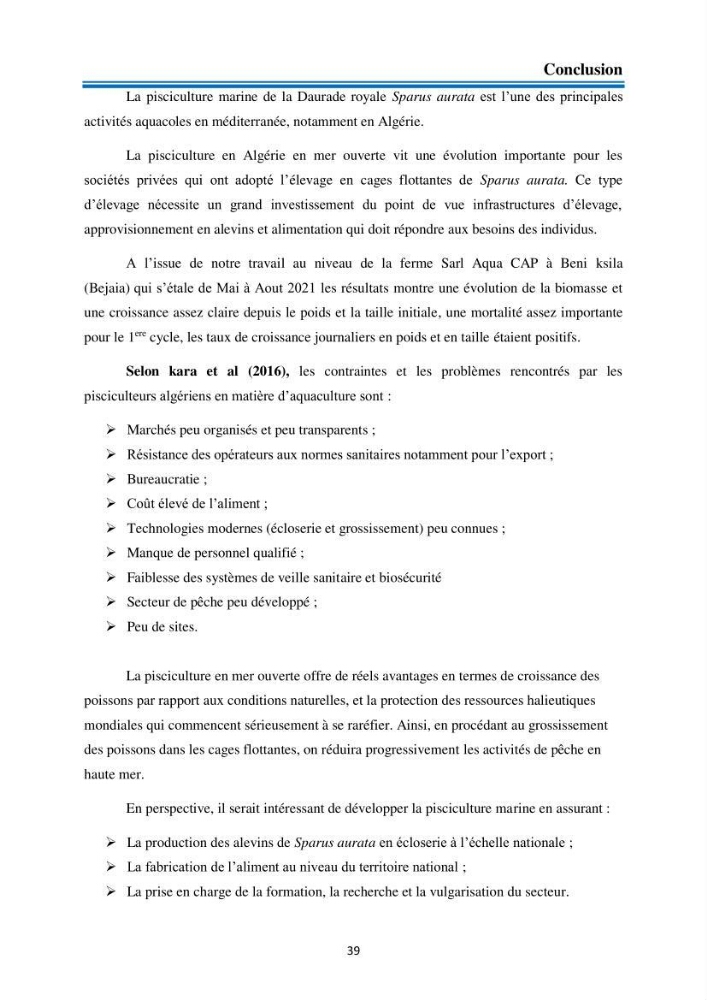 Evolution de la croissance de la daurade d’élevage au niveau de la ferme SRL AQUACAP (Beni Ksila, Béjaia)