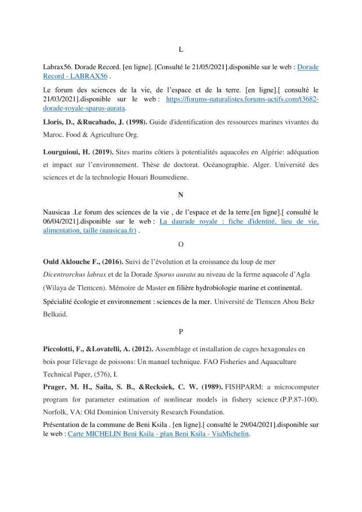 Evolution de la croissance de la daurade d’élevage au niveau de la ferme SRL AQUACAP (Beni Ksila, Béjaia)