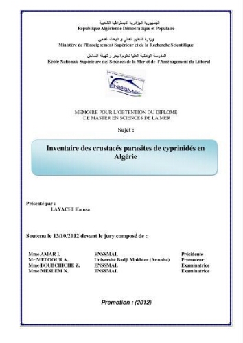 Inventaire des crustacés parasites de cyprinidés en Algérie: Inventaire des crustacés parasites de cyprinidés en Algérie: