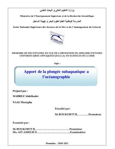 Apport de la plongée subaquatique a l'océanographie Apport de la plongée subaquatique a l'océanographie