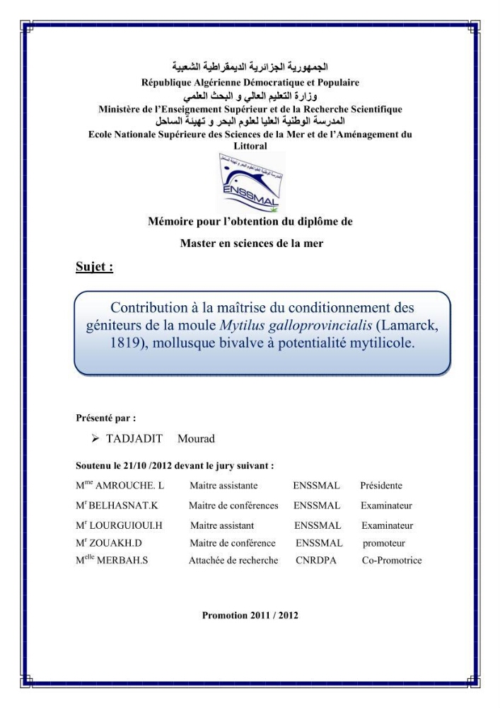 Contribution à la maîtrise du conditionnement des géniteurs de la moule Mytilus galloprovincialis (Lamarck, 1819), mollusque bivalve à potentialité mytilicole.