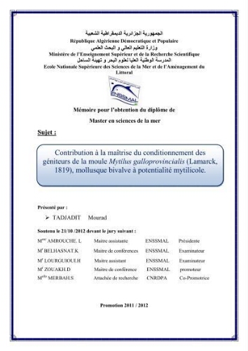 Contribution à la maîtrise du conditionnement des géniteurs de la moule Mytilus galloprovincialis (Lamarck, 1819), mollusque bivalve à potentialité mytilicole. Contribution à la maîtrise du conditionnement des géniteurs de la moule Mytilus galloprovincialis (Lamarck, 1819), mollusque bivalve à potentialité mytilicole.