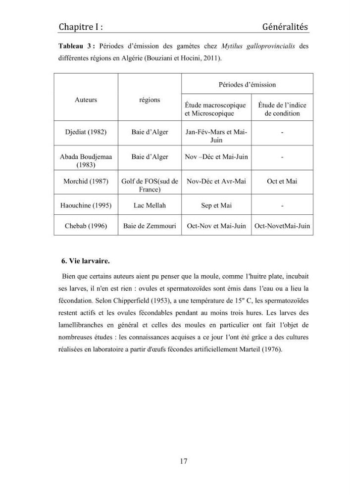 Contribution à la maîtrise du conditionnement des géniteurs de la moule Mytilus galloprovincialis (Lamarck, 1819), mollusque bivalve à potentialité mytilicole.