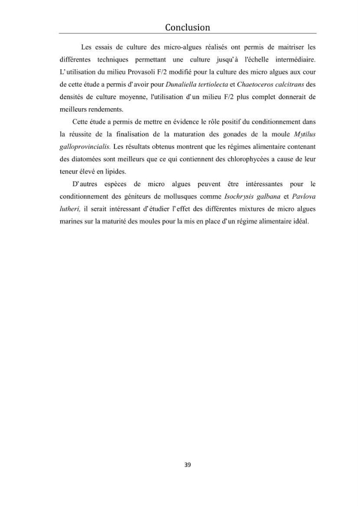 Contribution à la maîtrise du conditionnement des géniteurs de la moule Mytilus galloprovincialis (Lamarck, 1819), mollusque bivalve à potentialité mytilicole.